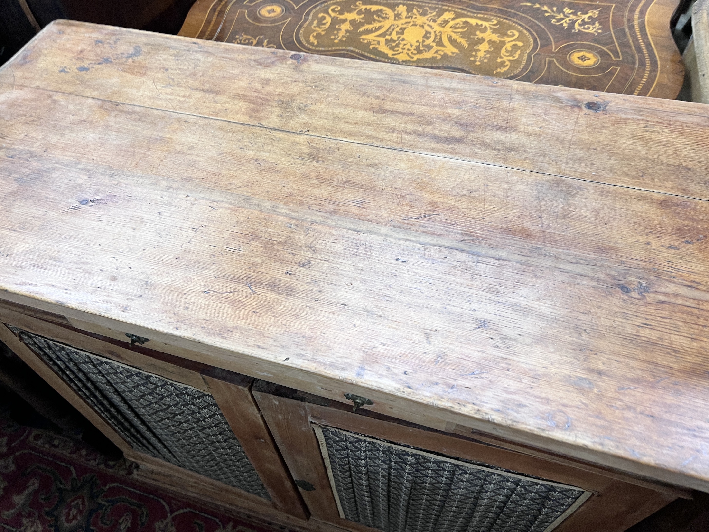 An Edwardian pine side cabinet, width 92cm depth 42cm height 90cm